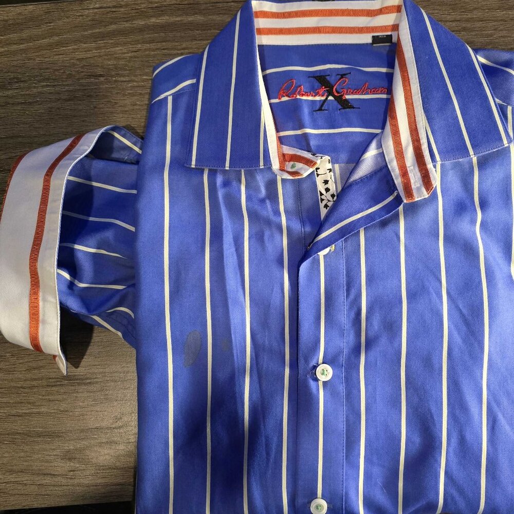 Robert Graham XL "X Collection" Striped Shirt – Blue/Orange Contrast, Flawed